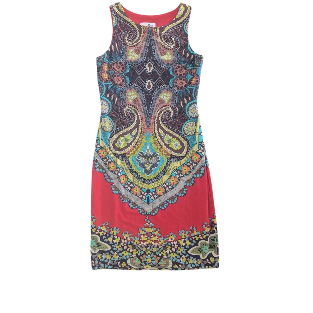 Joseph Ribkoff Red Multi, Patterned Slinky Knit Sheath Dress Sz.6